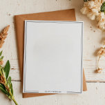 Simple Black Border Name Stationery Notepad<br><div class="desc">The notepad features a clean, minimalist design with a thin double-border frame outlining the edges, accented by subtle decorative breaks at the corners. The white background enhances its simplicity, while a central space at the bottom allows for personalized text in a modern, elegant font. The overall look is symmetrical and...</div>