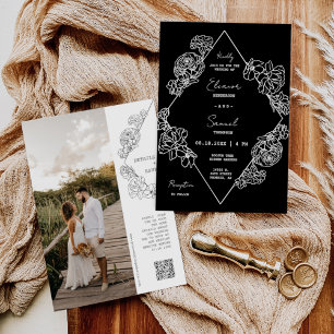 Simple Black Botanical Line Art Boho QR Code Photo Invitation