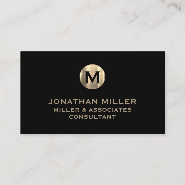 Simple Black Brushed Gold Monogram Business Card (Front)