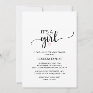 Simple Black Calligraphy   Blush Pink  It's A Girl Invitation
