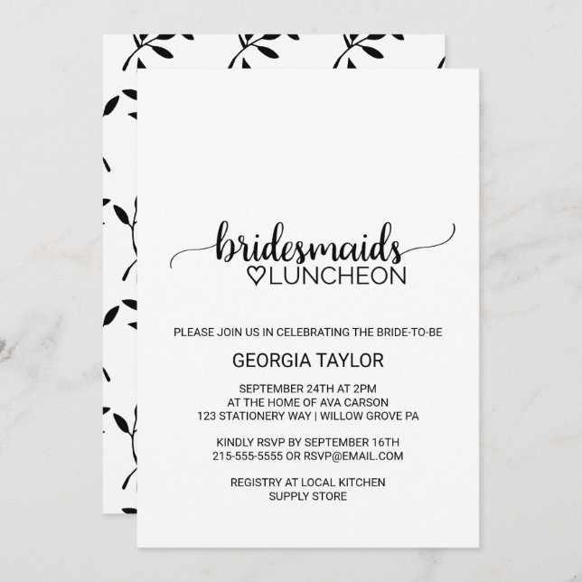 Simple Black Calligraphy Bridesmaids Luncheon Invitation (Front/Back)