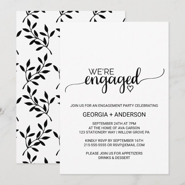 Simple Black Calligraphy Engagement Party Invitation (Front/Back)