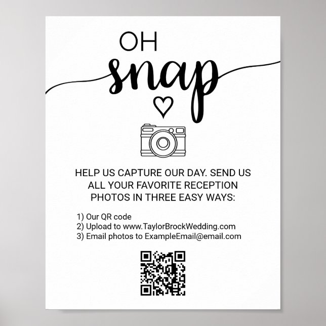 Simple Black Calligraphy Oh Snap QR Code Sign (Front)