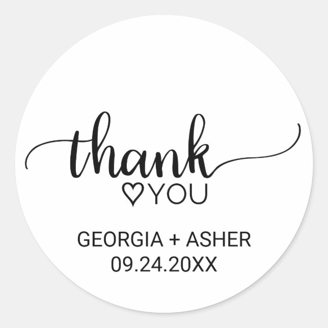 Simple Black Calligraphy Thank You Wedding Favour Classic Round Sticker (Front)