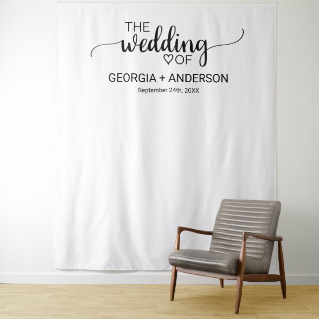 Simple Black Calligraphy Wedding Photo Backdrop Tapestry (In Situ)