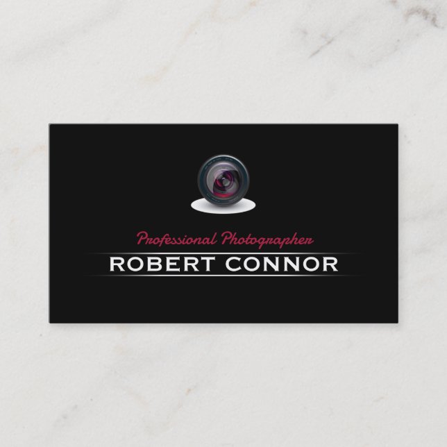 Simple Black Camera Lens Photographer Card (Front)