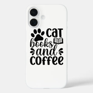 Simple Black "Cat Books and Coffee" Lover Gift iPhone 16 Case