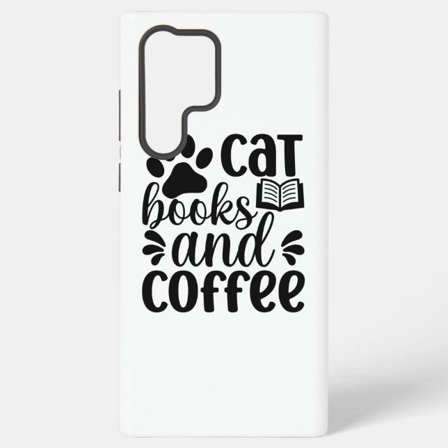 Simple Black "Cat Books and Coffee" Lover Gift Samsung Galaxy S22 Ultra Case (Back)