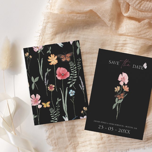 Simple Black Colourful Wildflower Floral Wedding Save The Date (Creator Uploaded)