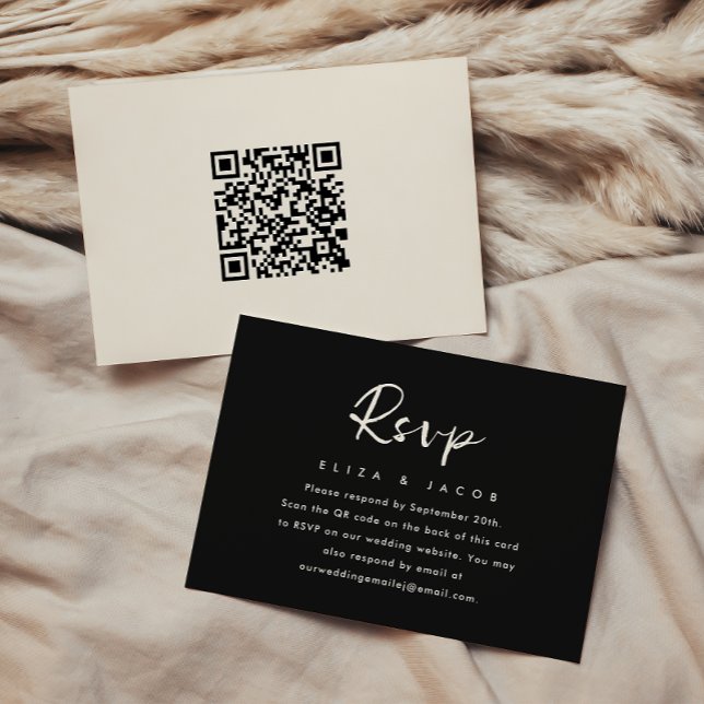 Simple Black Cream Wedding RSVP script QR Code Card (Minimal and modern black rsvp card with elegant calligraphy and a qr code back for guest response.)