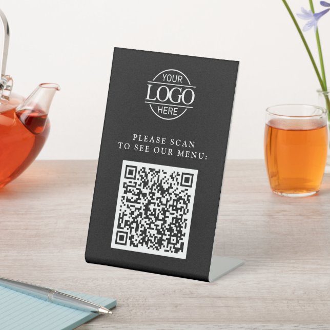 Simple Black Custom Business Logo QR Code Menu  Pedestal Sign (In SItu)