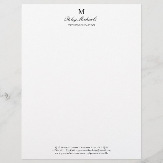 Simple Black Elegant Monogram Name Title Unlined Letterhead (Front)