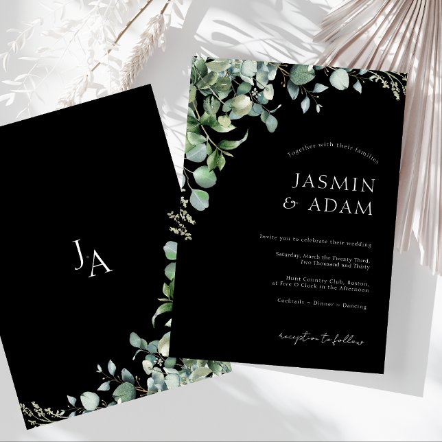 Simple Black Eucalyptus Monogram Wedding Invitation (Simple Black Greenery Eucalyptus Monogram Wedding Invitation)