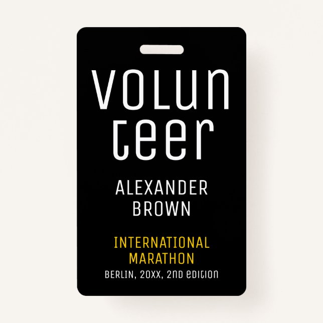 Simple Black Event Volunteer QR Code Name ID Badge (Front)