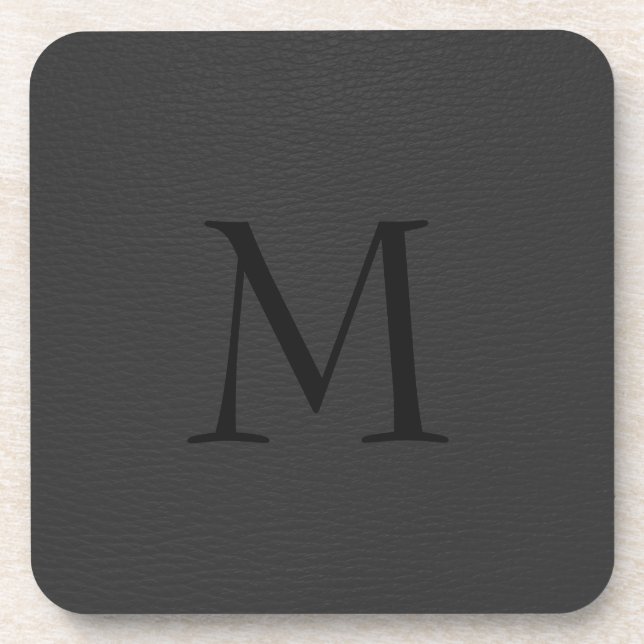 Simple Black Faux Leather Look Monogram Coaster (Front)