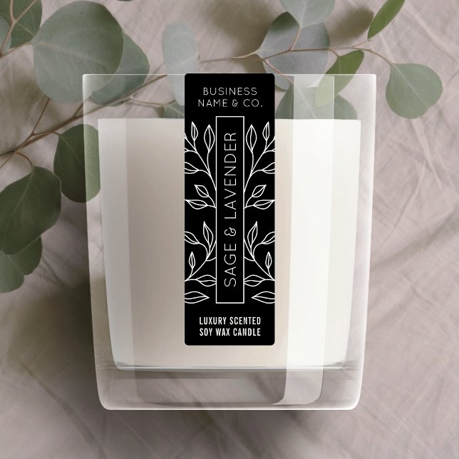 Simple Black Floral Candle Jar Thin Vertical Label (Minimalist black floral skinny vertical jar label design great for candles, wax melts and more)