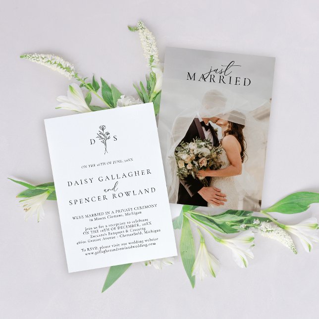 Simple Black Floral Monogram Wedding Reception Announcement (Creator Uploaded)