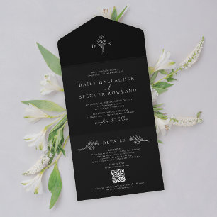 Simple Black Floral Monogram with QR RSVP Wedding All In One Invitation