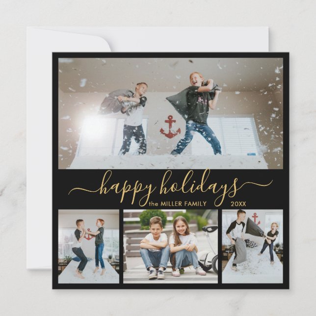 Simple Black Gold 4 Photo Collage Happy Holiday Card (Front)