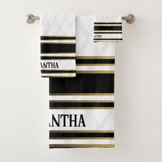 Simple Black Gold And White Geometric Background Bath Towel Set (Insitu)