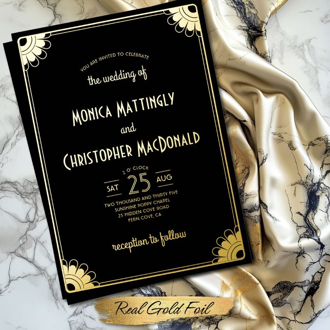 Simple Black Gold Art Deco Retro Floral Wedding (Chic black and gold art deco floral wedding invite with real gold foil)