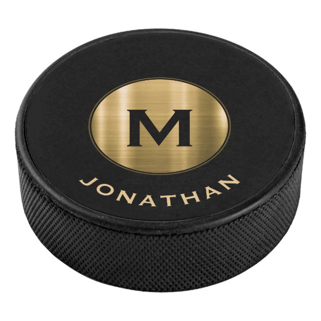 Simple Black Gold Classic Monogram Name Hockey Puck (3/4)