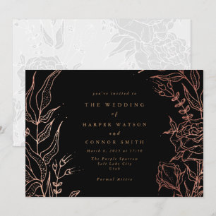 Simple Black Gold Copper Elegant Floral Wedding Invitation