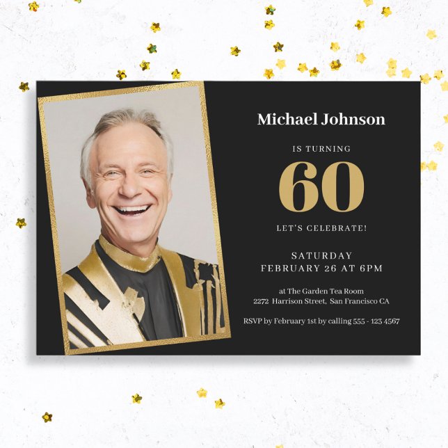 Simple Black Gold Custom Photo 60th Birthday Party Invitation (Mock Up View)
