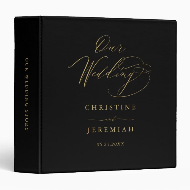Simple Black Gold Elegant Script Wedding Album Binder (Front/Spine)
