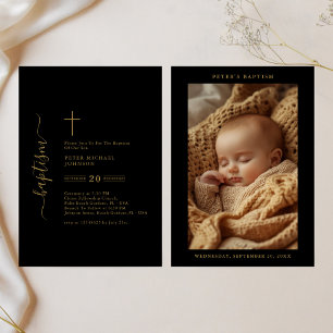 Simple Black & Gold Gender Neutral Photo Baptism Invitation