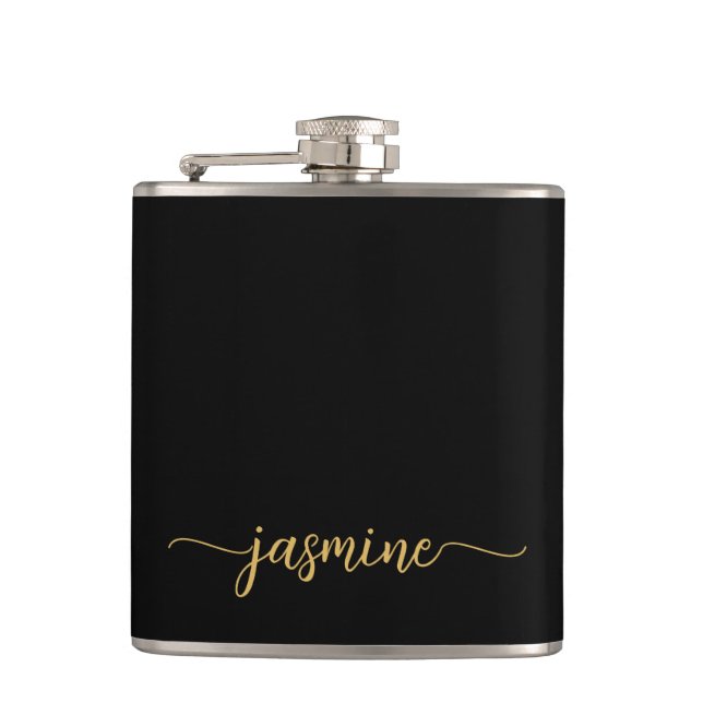 Simple Black Gold Girly Monogram Name Signature Hip Flask (Front)