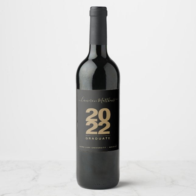 Simple Black & Gold Graduation Wine Label (Front)