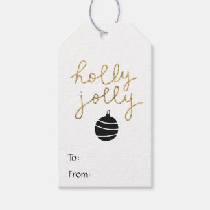 Simple black gold holly jolly Christmas ornament Gift Tags