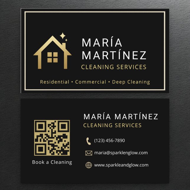 Simple Black Gold Maid Service QR Code Business Card (Creator Uploaded)