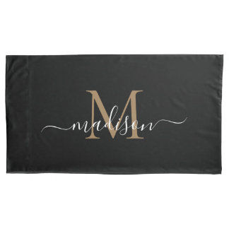 Simple Black Gold Monogram Elegant Feminine Script Pillowcase
