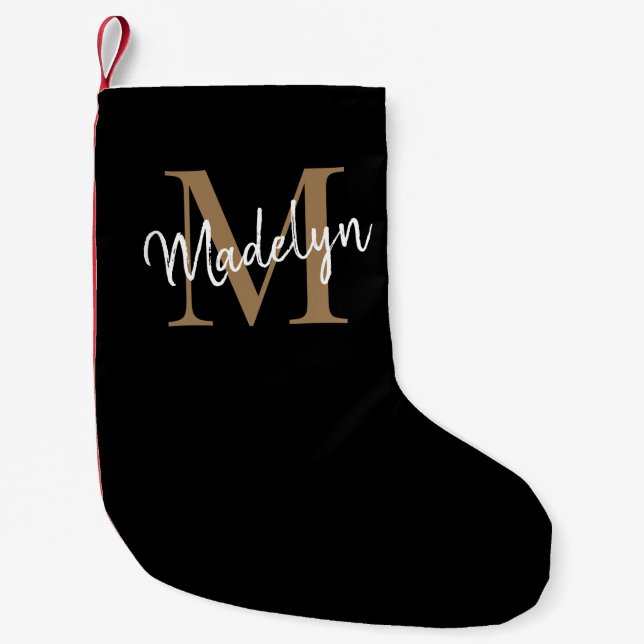 Simple Black Gold Monogram Elegant Girly Script Small Christmas Stocking (Front)