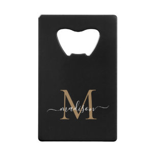 Simple Black Gold Monogram Elegant Script Name Credit Card Bottle Opener