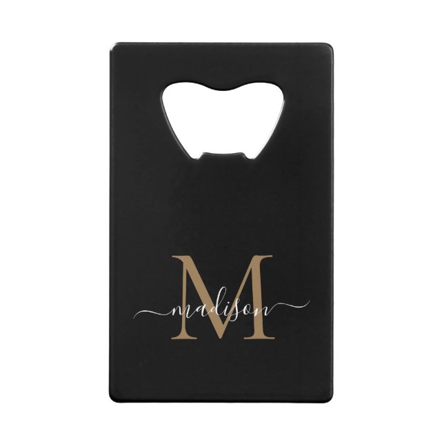Simple Black Gold Monogram Elegant Script Name Credit Card Bottle Opener (Front)
