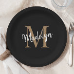 Simple Black Gold Monogram Feminine Script Name Paper Plate<br><div class="desc">Simple Black Gold Monogram Feminine Script Name Paper Plate. Easily personalize this modern elegant paper plate with your custom monogram and name.</div>
