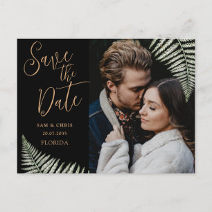 Simple Black & Gold Photo Fern Save the Date Announcement Postcard