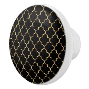 Simple Black & Gold Quatrefoil Ceramic Knob