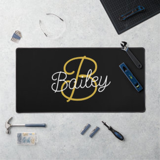 Simple Black & Gold Retro Script Monogram Desk Mat