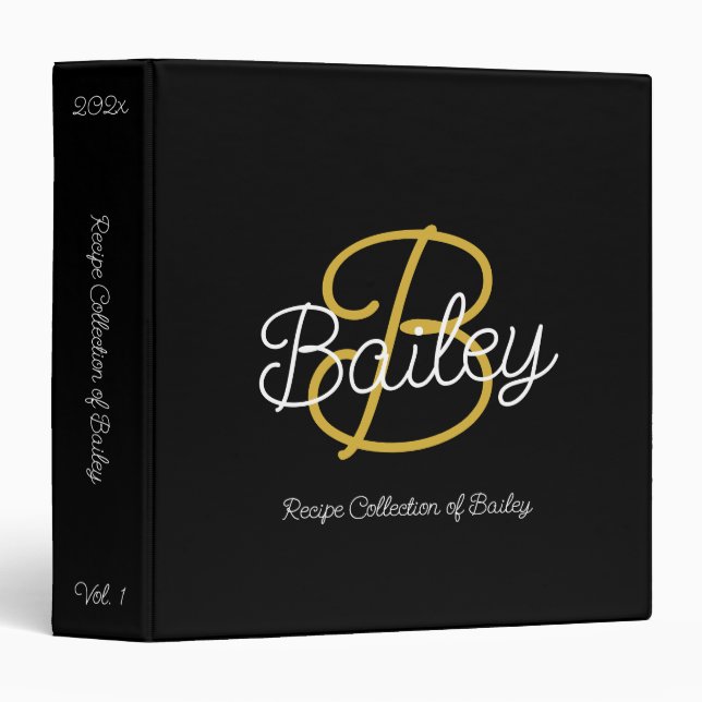 Simple Black & Gold  Retro Script Monogram Recipe Binder (Front/Spine)