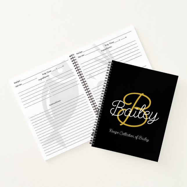 Simple Black & Gold  Retro Script Monogram Recipe Notebook (Inside)