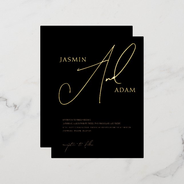 Simple Black Gold Script Wedding Gold Foil Invitation Postcard (Front/Back)