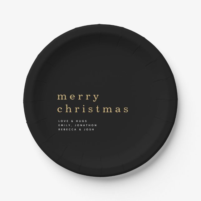 Simple Black Gold Typography Merry Christmas Paper Plate (Front)