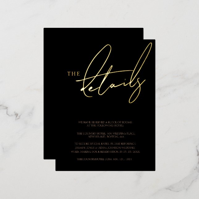 Simple Black Gold Typography Wedding Details Gold Foil Invitation Postcard (Front/Back)