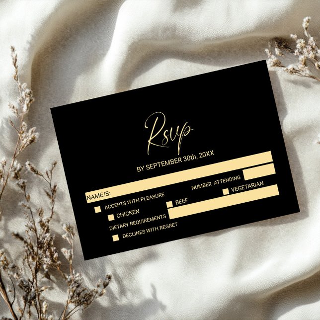 Simple Black Gold Wedding RSVP with Menu Options  (Creator Uploaded)