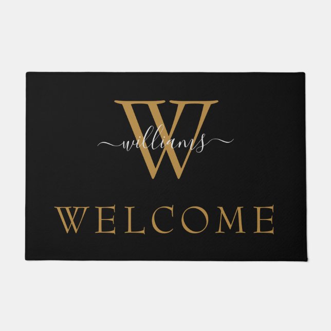 Simple Black Gold White Script Monogram Welcome Doormat (Front)