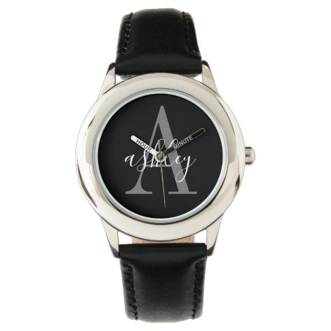 Simple Black Gray, Personalized Monogram Watch (Front)
